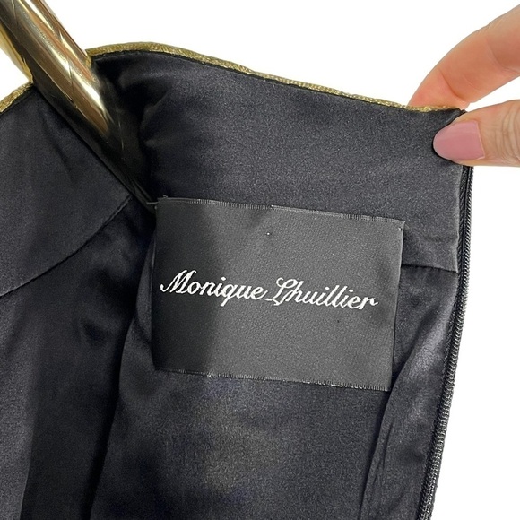 MONIQUE LHUILLIER LONG SLEEVE PIPE TRIM GOLD BLACK SHEATH COCKTAIL DRESS - Picture 13 of 13